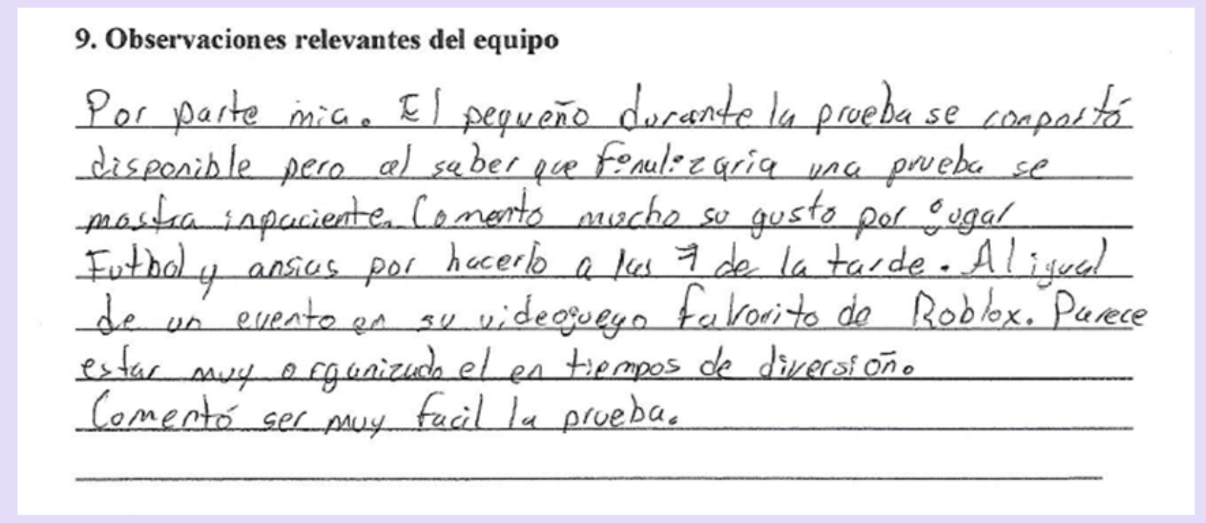 Observaciones durante la prueba Frostig